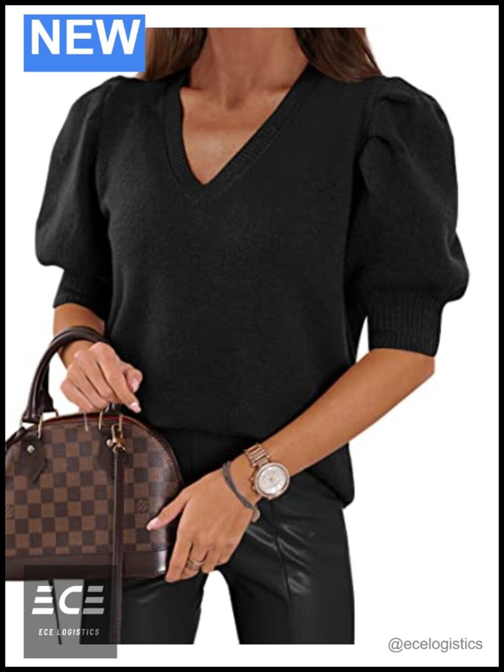 Womens Puff Short Sleeve V Neck Knitted Sweater Top Casual Pullover Blouse